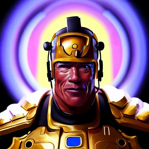 Image similar to a screenshot of arnold schwarzenegger as zenyatta in overwatch, portrait, fantasy, beautiful face, vivid colors, elegant, concept art, sharp focus, digital art, hyper - realistic, 4 k, unreal engine, highly detailed, hd, dramatic lighting by brom, trending on artstation