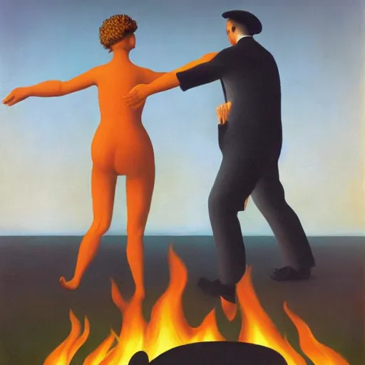 Image similar to insane dances around the campfire, oil painting rene magritte