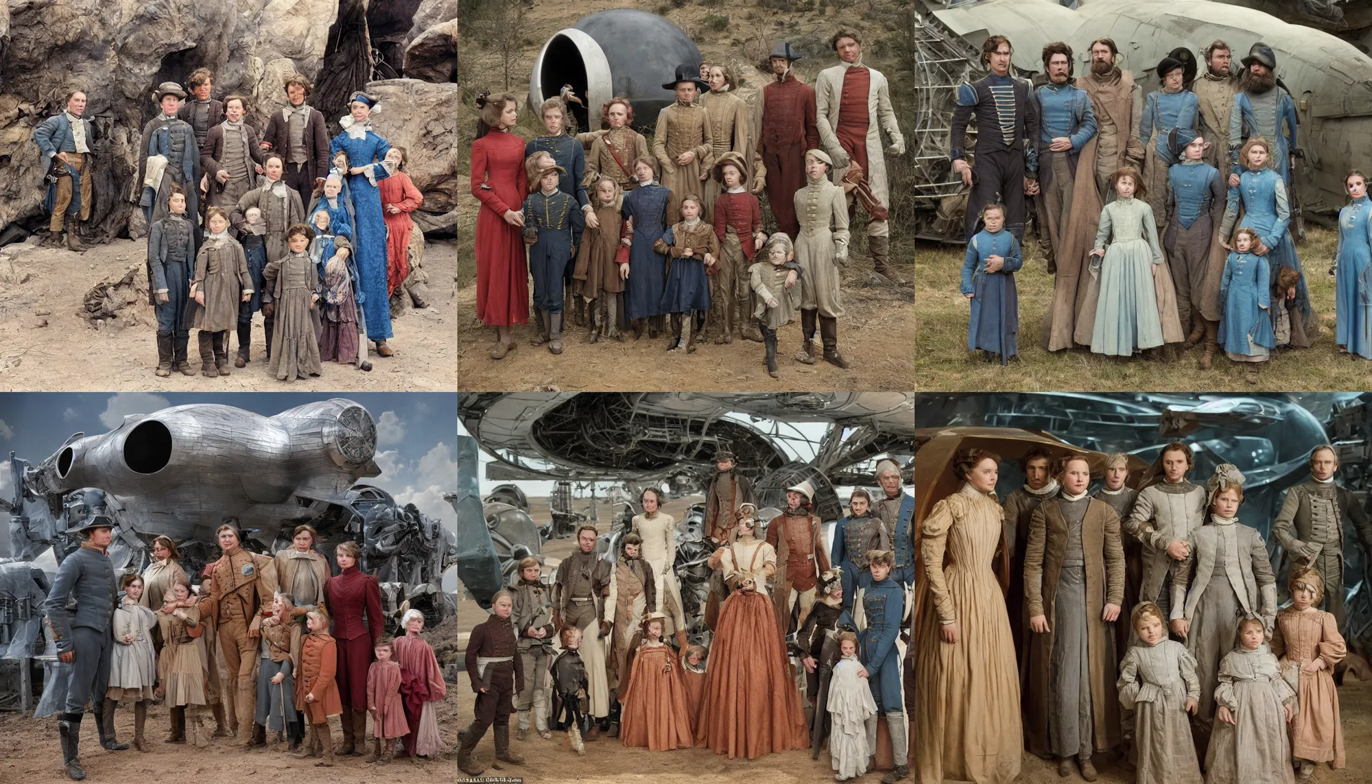 Prompt: highly detailed, 435456k film, 1612800mm film still from a sci fi blockbuster color movie made in 2019, set in 1860, of a family standing in front of a spaceship that has just landed on an alien planet, the family are all wearing 1860s era clothes, good lighting, good photography, ultra high definition, in focus