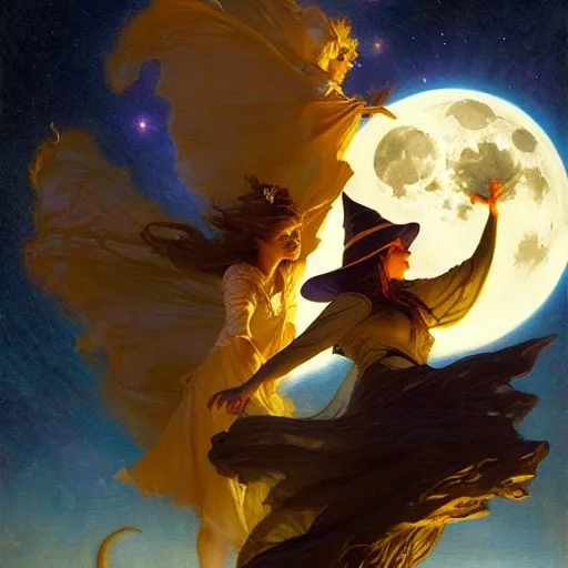 Image similar to attractive witch magically flying trough the night, fantasy, full moon in background. highly detailed painting by gaston bussiere, craig mullins, j. c. leyendecker 8 k