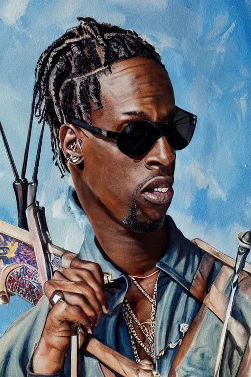 Prompt: travis scott with sunglasses holding a sword, painting, beautiful, thick lines