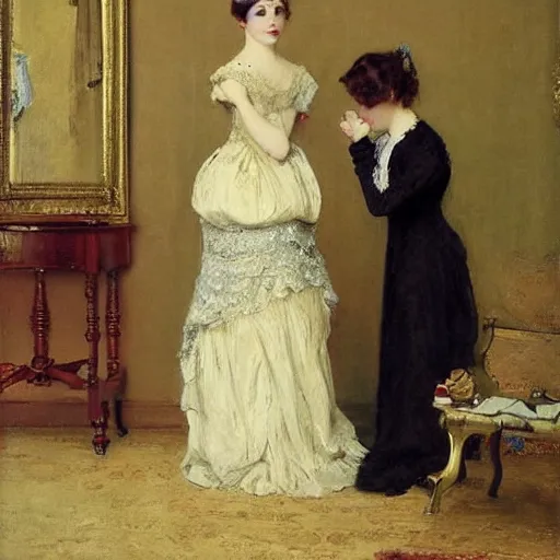 Prompt: young victorian lady in ball gown getting dressed, painted by alfred stevens