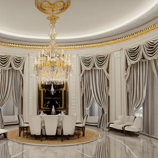 Prompt: extremly detailed luxurious white house interior with champagne on the table, 8 k, octane render, ray traced, global illumination, ultra detailed, photorealistic