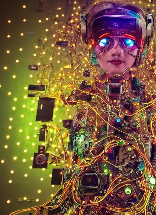 Image similar to intricate cyborg pilot girl with electromechanical robot parts, growing from motherboard wall, connected made of and covered with many colorful wires, featuring beautiful detailed machined crystal eyes glowing with nebula, background glowing game server powered by galaxies. backlit luminous shiny metallic