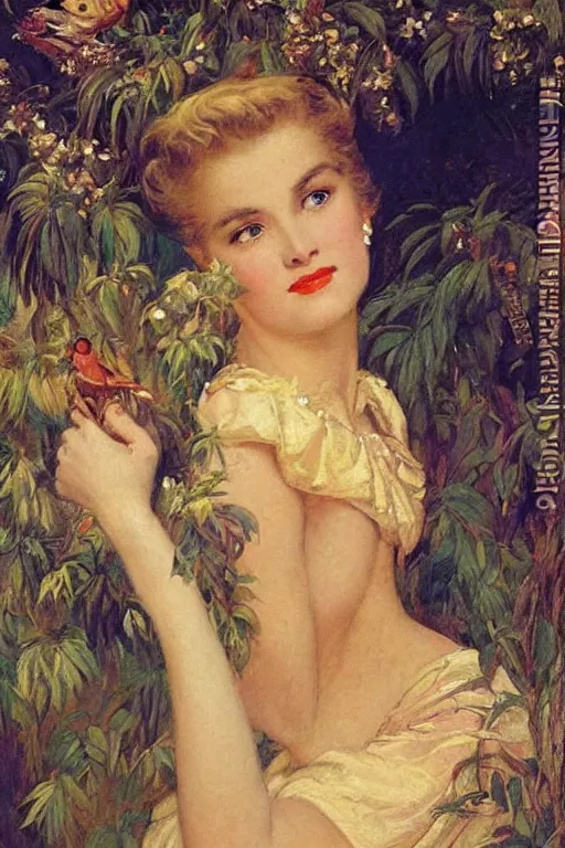 Image similar to Grace Kelly explaining the birds and the bees in the style of Gaston Bussière, art nouveau, art deco