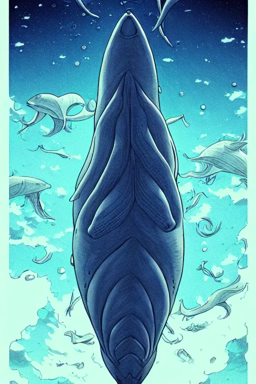 Prompt: comic cover art of a ( very very gigantic ) ( deep sea creature ) swimming in the sky above a metropolitan city, viewed from the ground, by jenny frison and sana takeda, intricate details, stunning inking lines, flat colors, 4 k, hd, artstation