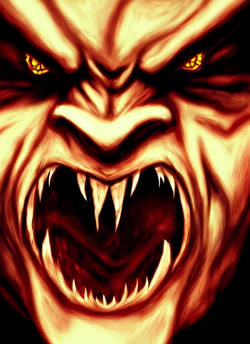 Image similar to face portrait of angry demon screaming, realistic, high qulity, 4 k, sharp fucos, tranding on art station