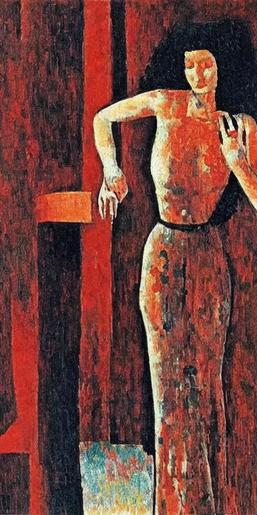 Image similar to a film still of suspiria by dario argento 1 9 7 7 movie, painted by modigliani, impressionism, pointillism, high quality, detailed, print!