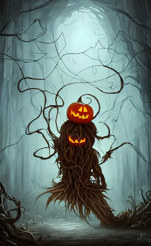 Image similar to fantasy monster concept art, a jack o lantern monster with vines for a body walking down a street of nightmares, dynamic lighting, photorealistic, trending on art station, stunning visuals, creative, cinematic, ultra detailed, atmospherical, ambient lighting, scary art, eery art