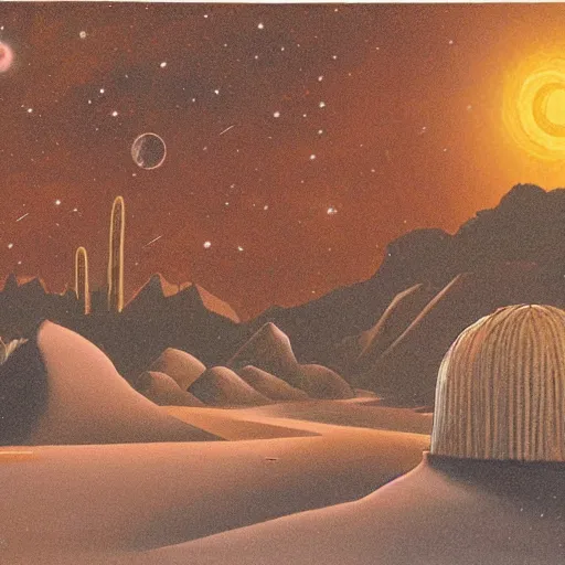 Prompt: desert, night, stars, tabernacle, camp around painted by richard corben