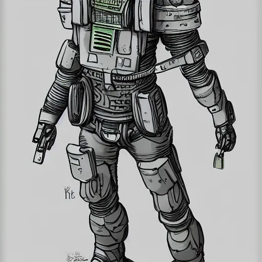 Prompt: line art, concept art, full body portrait, Maschinen Krieger soldier