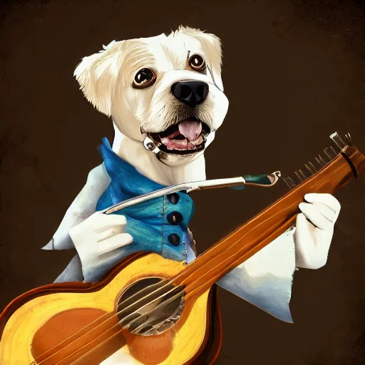 Image similar to dog as a pirate playing on guitar, digital art, artstation, high detalied,