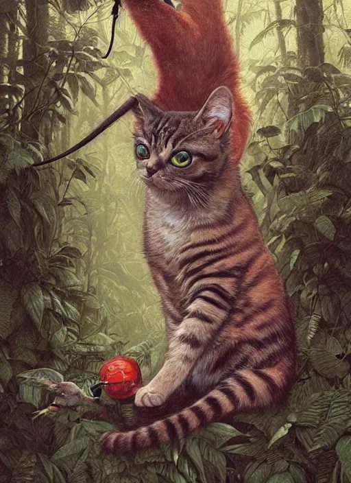 Image similar to a hyper realistic illustrated cat with playing with a hummingbird on its paw in the woods gorgeous lighting, lush forest foliage painting by chiara bautista and beksinski and norman rockwell and greg rutkowski weta studio, and lucasfilm