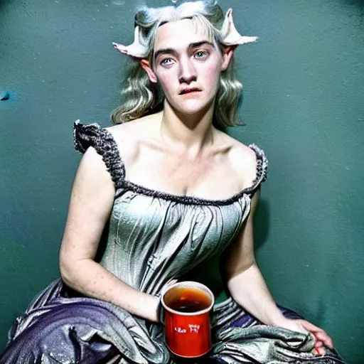 Prompt: A 18th century, messy, silver haired, (((mad))) elf princess (look like ((young Kate Winslet))), dressed in a dazzling ((ragged)), silver dress, is ((drinking a cup of tea)). Everything is underwater! and floating. Greenish blue tones, theatrical, (((underwater lights))), high contrasts, fantasy water color, inspired by John Everett Millais's Ophelia
