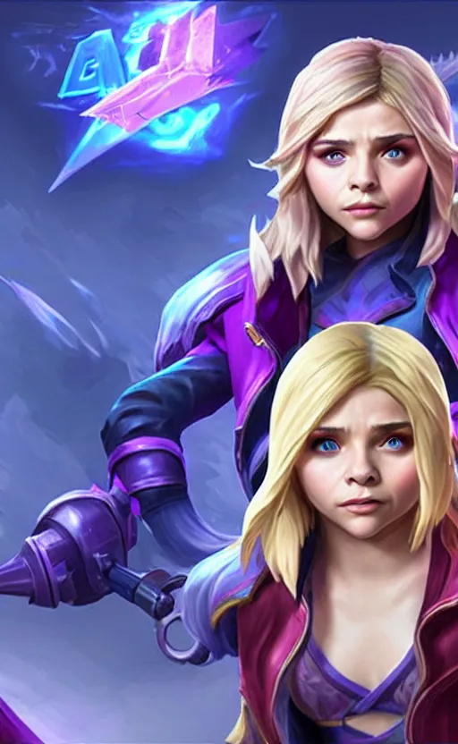 Image similar to Chloë Grace Moretz as a character in the game League of Legends, with a background based on the game League of Legends, detailed face, old 3d graphics