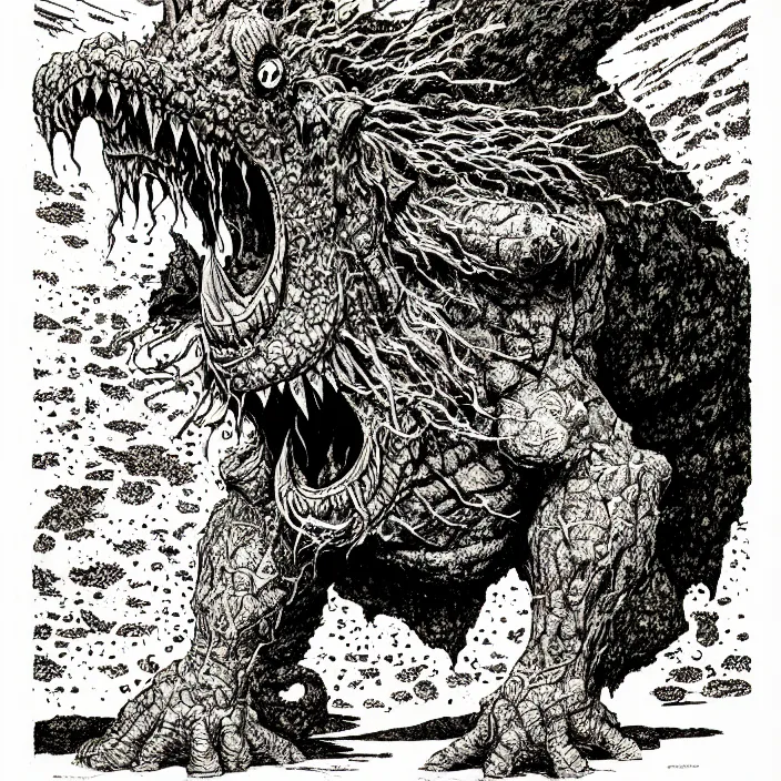 Image similar to オクタロック spitting rocks, as a d & d monster, pen - and - ink illustration, etching, by russ nicholson, david a trampier, larry elmore, 1 9 8 1, hq scan, intricate details, high contrast