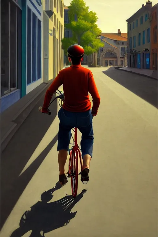 Prompt: young man riding a bicycle with a colorful energy, in the style of edward hopper, solarpunk, atmospheric, clean, intricate and epic composition, gray by caravaggio, insanely quality, highly detailed, masterpiece, white light, artstation, 4 k