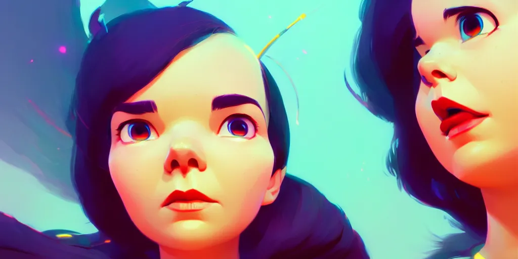 Prompt: low angle portrait of Bjork, tepainting concept Blizzard pixar maya engine on stylized background splash comics global illumination lighting artstation lois van baarle, ilya kuvshinov, rossdraws