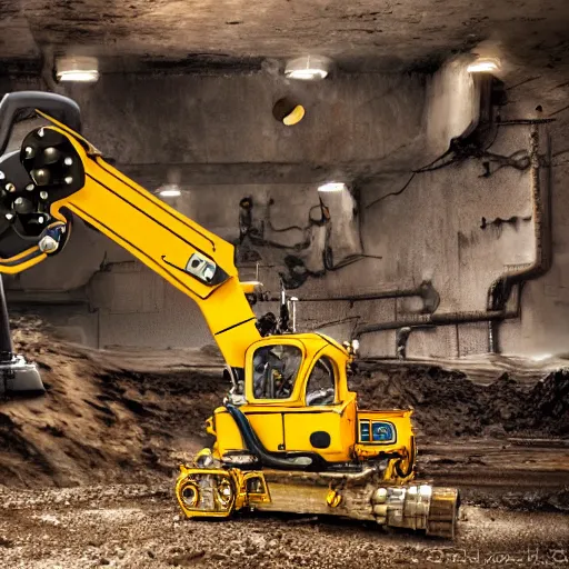 Image similar to giant scary treaded mining automated machine robot with drill, mining scrap metal, highly detailed body, retro, industrial, dark, dystopian, apocalyptic, clean, 8 5 mm f / 1. 4