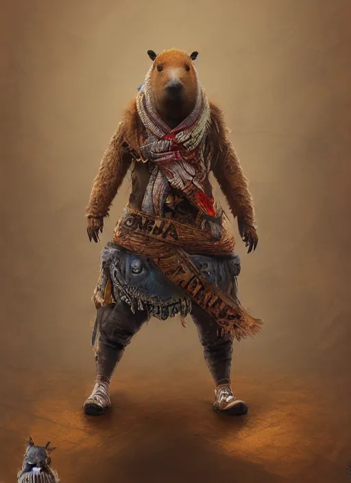 Image similar to detailed full body concept art illustration oil painting of an anthropomorphic capybara cowboy in full intricate clothing, biomutant, ultra detailed, digital art, octane render