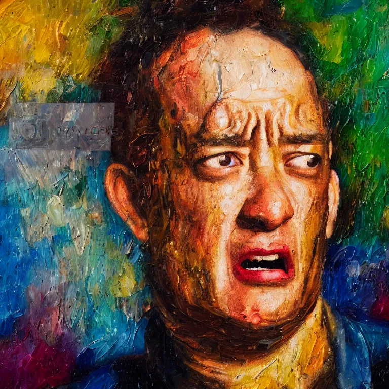 Prompt: colorful Antique tintype of Beautiful warmly lit close up expressionistic oil painting studio portrait of very angry! Tom Hanks yelling, impasto oil painting heavy brushstrokes by Cy Twombly and Anselm Kiefer , trending on artstation dramatic lighting abstract Expressionism