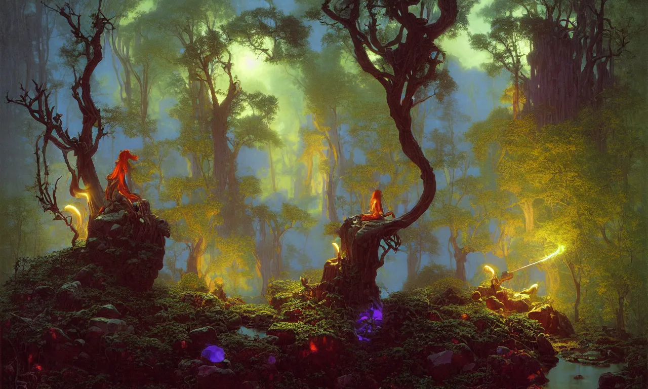 Prompt: The wandering rock mage by Albert Bierstadt and Gerald Brom and James Gilleard and Craig Mullins and Greg Hildebrandt and Dean Ellis and Arantza Sestayo, smooth round rocks, blue flames, low light, glowing orange and purple crystals, green vines, misty swamp, tonalism, sfumato