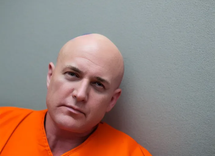 Prompt: photo of bald donald trump shaved head no hair!!! no hair!!! sitting in a jail cell wearing an orange jumpsuit, defocused bars in the foreground, 8 k, 8 5 mm f 1. 8