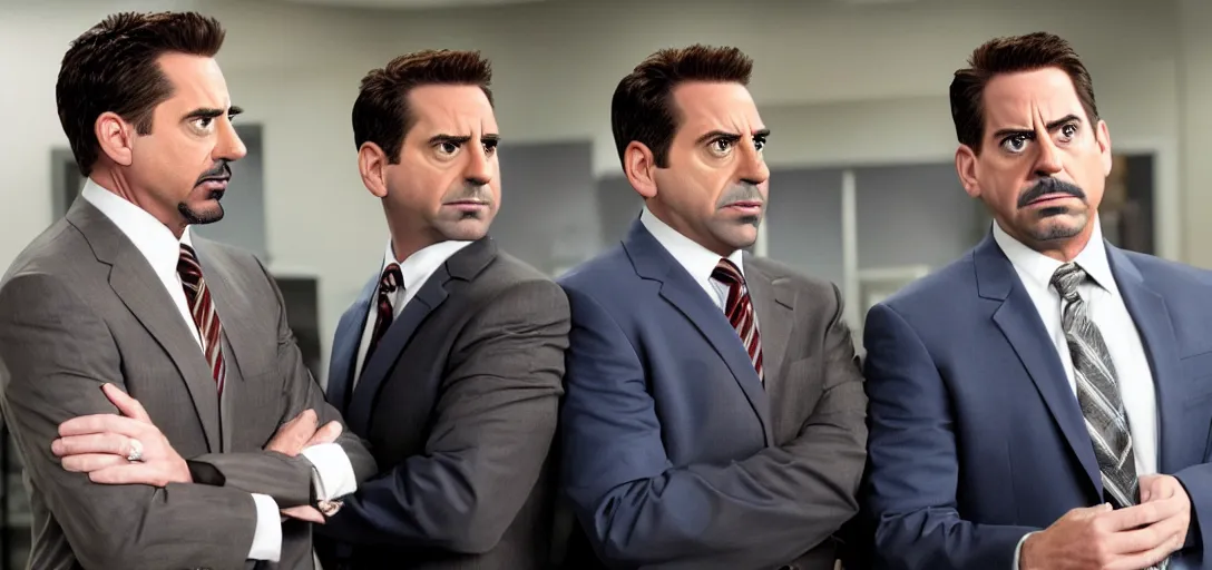 Image similar to a very high resolution image of tony stark with micheal scott. from an episode of the office. photorealistic, photography