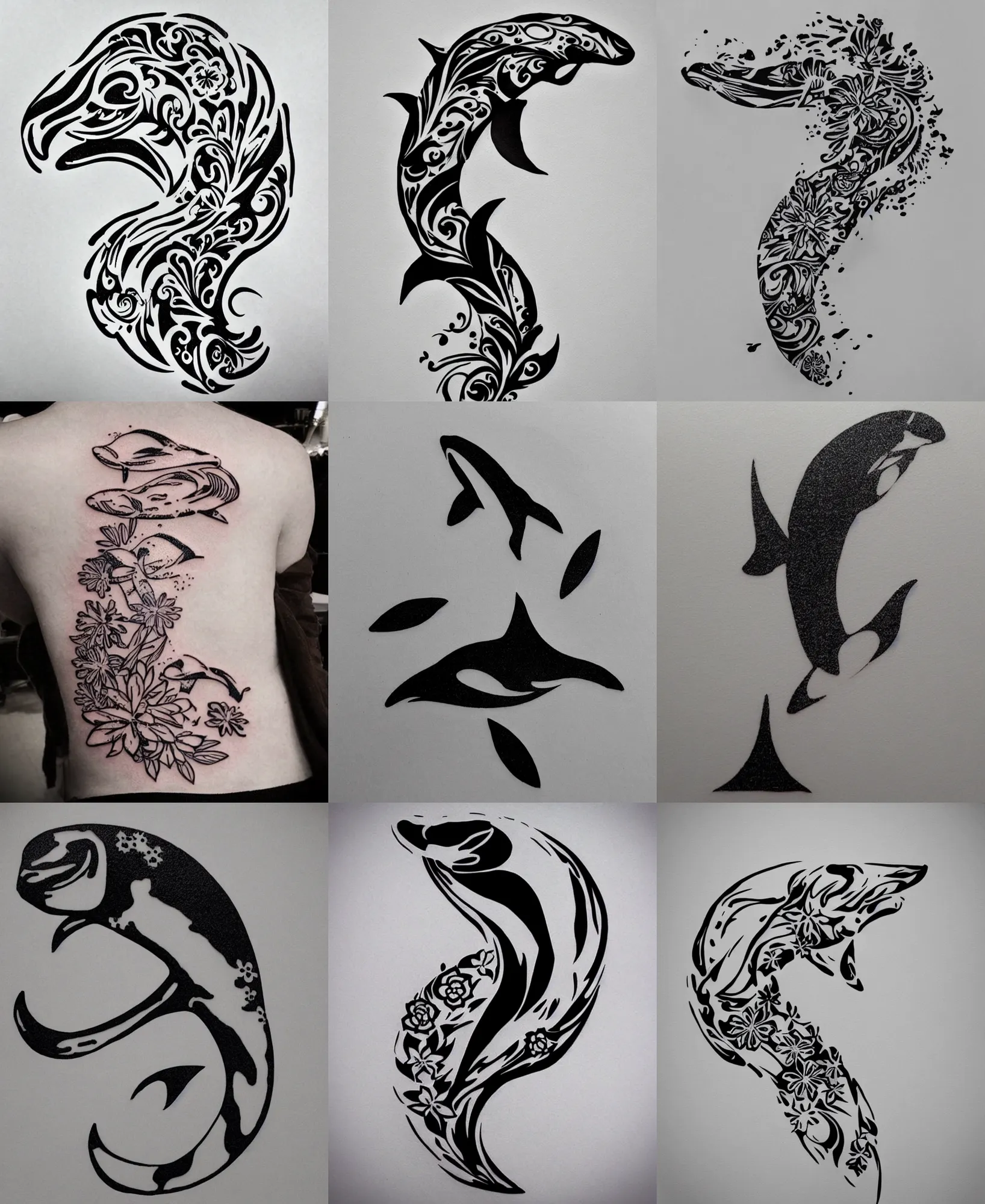 Prompt: 3 d tattoo stencil of a floral orca