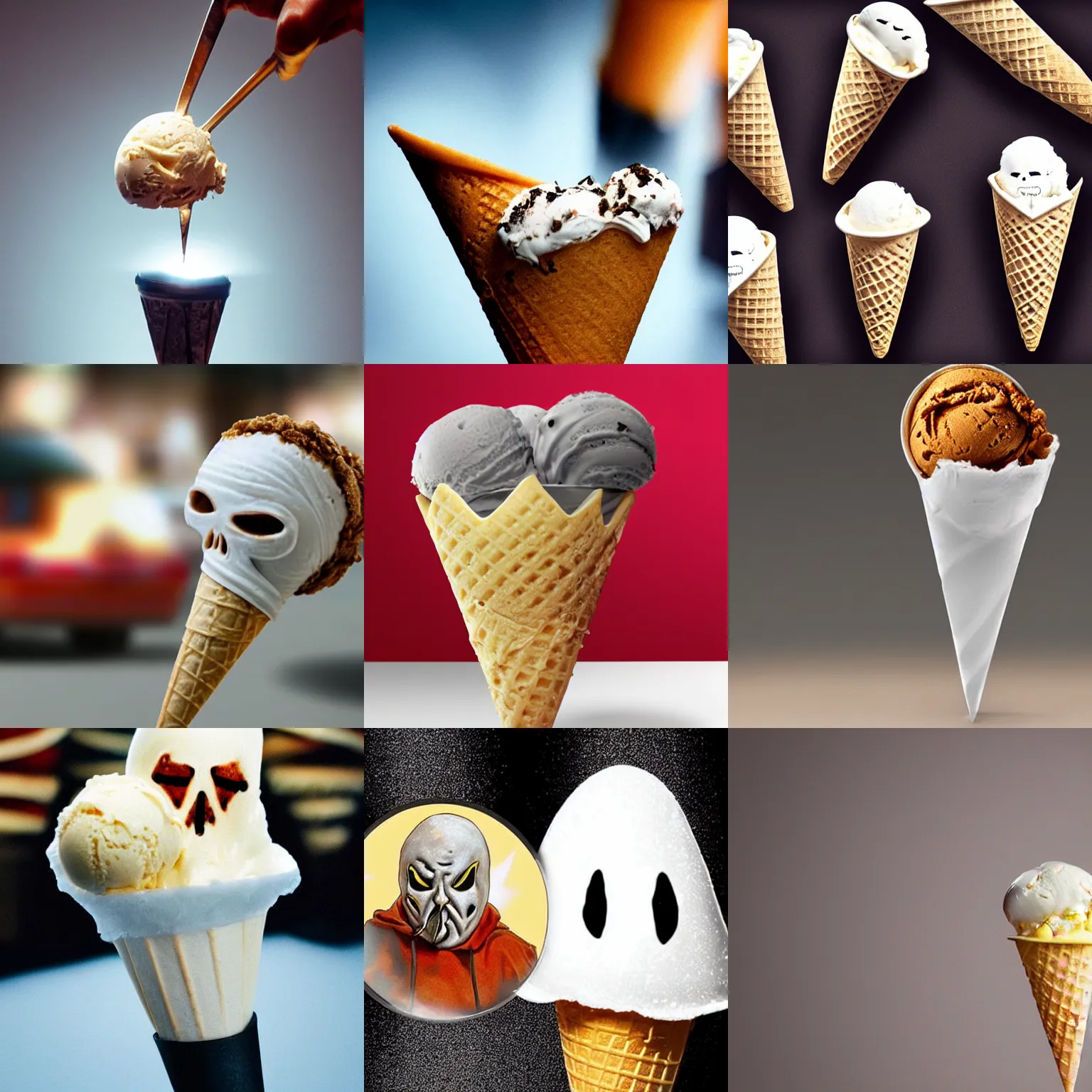 Prompt: a photo realistic image of an ice cream scoop in a cone shaped like ghostface scream film