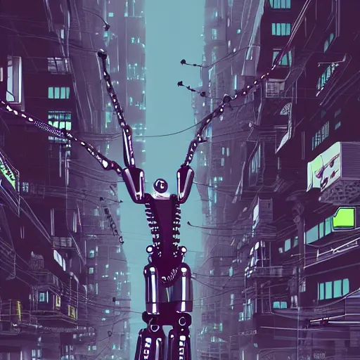 Image similar to detailed illustration of jesus with robotic spider legs in a cyberpunk city