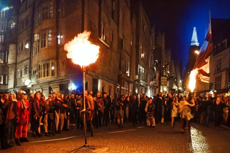 Prompt: medieval london street crowded night time torch lit