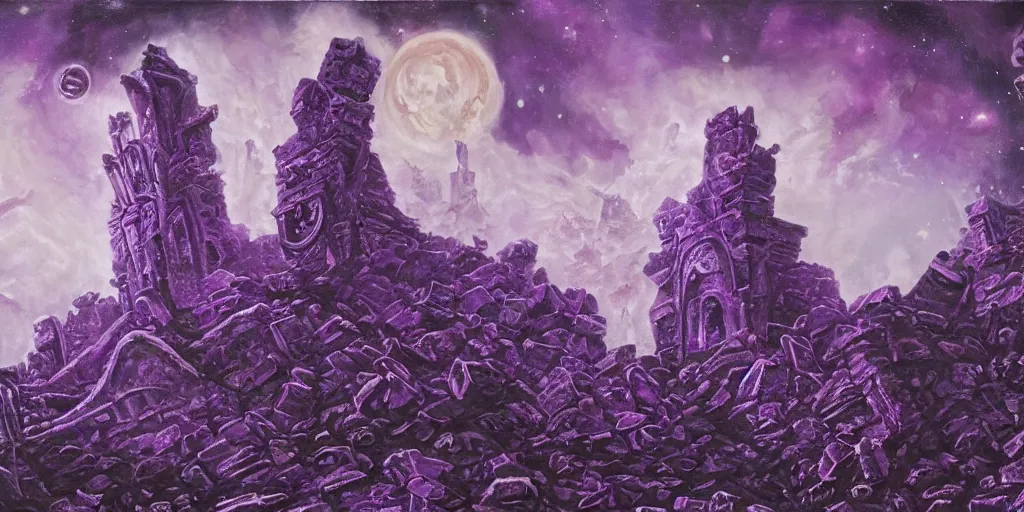 Prompt: purple lovecraftian temple ruins in space, giant eldritch god looming in the distance, oil painting
