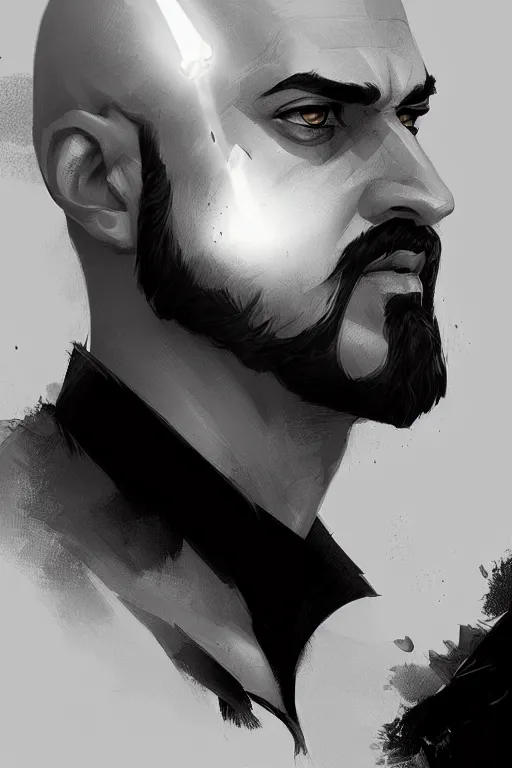 Prompt: Arab man light beard, bald, swordsman, modern, hero, black and white, highly detailed, digital painting, artstation, concept art, sharp focus, illustration, by greg rutkowski