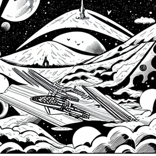 Image similar to colorful mcbess style interstellar war