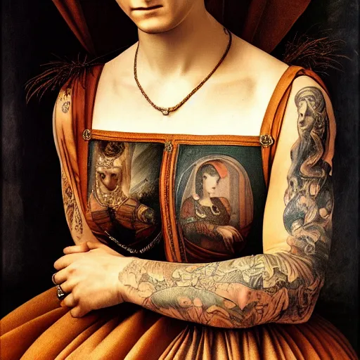 Image similar to ultra detailed, 4 k portrait of a tattooed woman wearing a baroque dress, fully dressed by leonardo da vinci