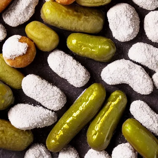 Image similar to powdered donuts and pickles piled on an ornate platter, high resolution photograph, beautiful lighting