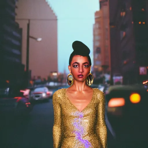 Prompt: A hyper realistic and detailed head portrait photography of a statuesque brunette wearing a gold shimmering dress on a futuristic street. by Annie Leibovitz. Neo noir style. Cinematic. neon lights glow in the background. Cinestill 800T film. Lens flare. Helios 44m