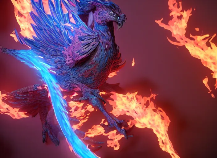 Image similar to pink and blue flaming phoenix, unreal engine 5, intricate, detailed, realistic