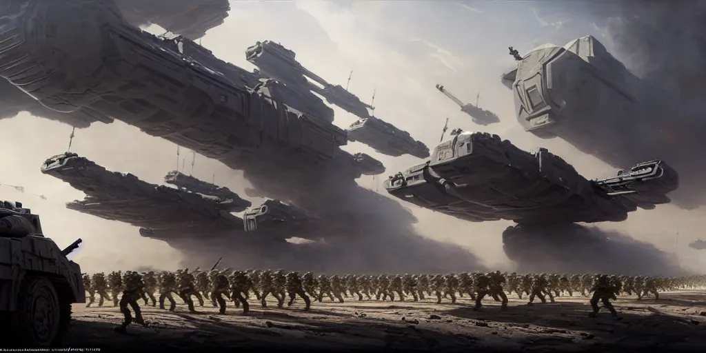 Image similar to hyper realistic sci - fi matte concept art painting of epic cinematic battle depicting soldiers deploying onto a battlefield from a drop ship, guns, missiles, explosions, beautiful details, strong composition painted by kim jung guweta studio rutkowski, james gurney and greg rutkowski, and lucasfilm, smooth, intricate, detailed, sharp focus, cinematic