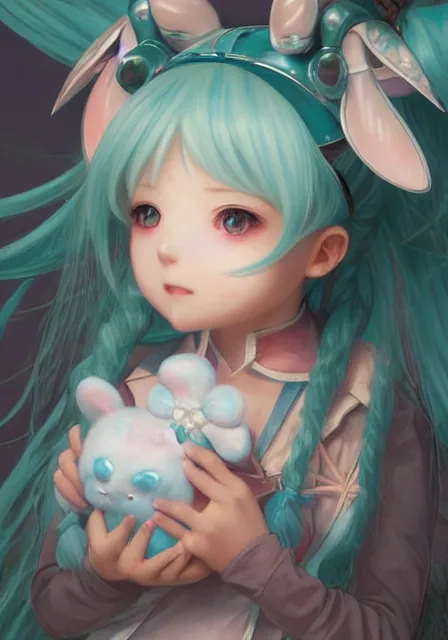 Prompt: hatsune miku holding cinnamoroll, pigtails, intricate, elegant, highly detailed, digital painting, artstation, concept art, smooth, sharp focus, illustration, art by artgerm and greg rutkowski and alphonse mucha and william - adolphe bouguereau