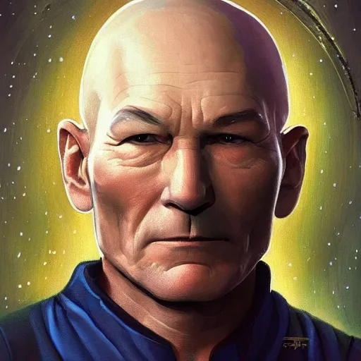 Prompt: a beautiful portrait of Patrick Stewart a space bounty hunter by Thomas Kinkade trending on Artstation