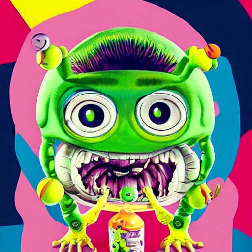 Prompt: a baby monster with six arms, Lofi vaporwave portrait tennis ball monster,chalk, Pixar style, Tristan Eaton, Stanley Artgerm, Tom Bagshaw, Basil Gogos