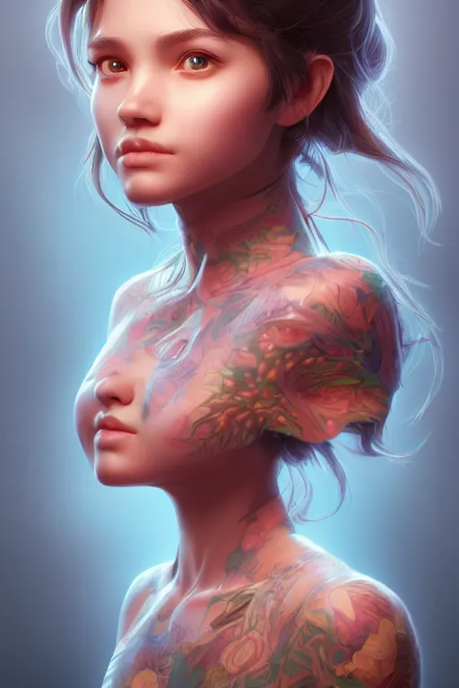 Image similar to very cute girl portrait, highly detailed eyes, intricate details, by artgerm, tooth wu, dan mumford, beeple, wlop, unreal engine 5 rendering