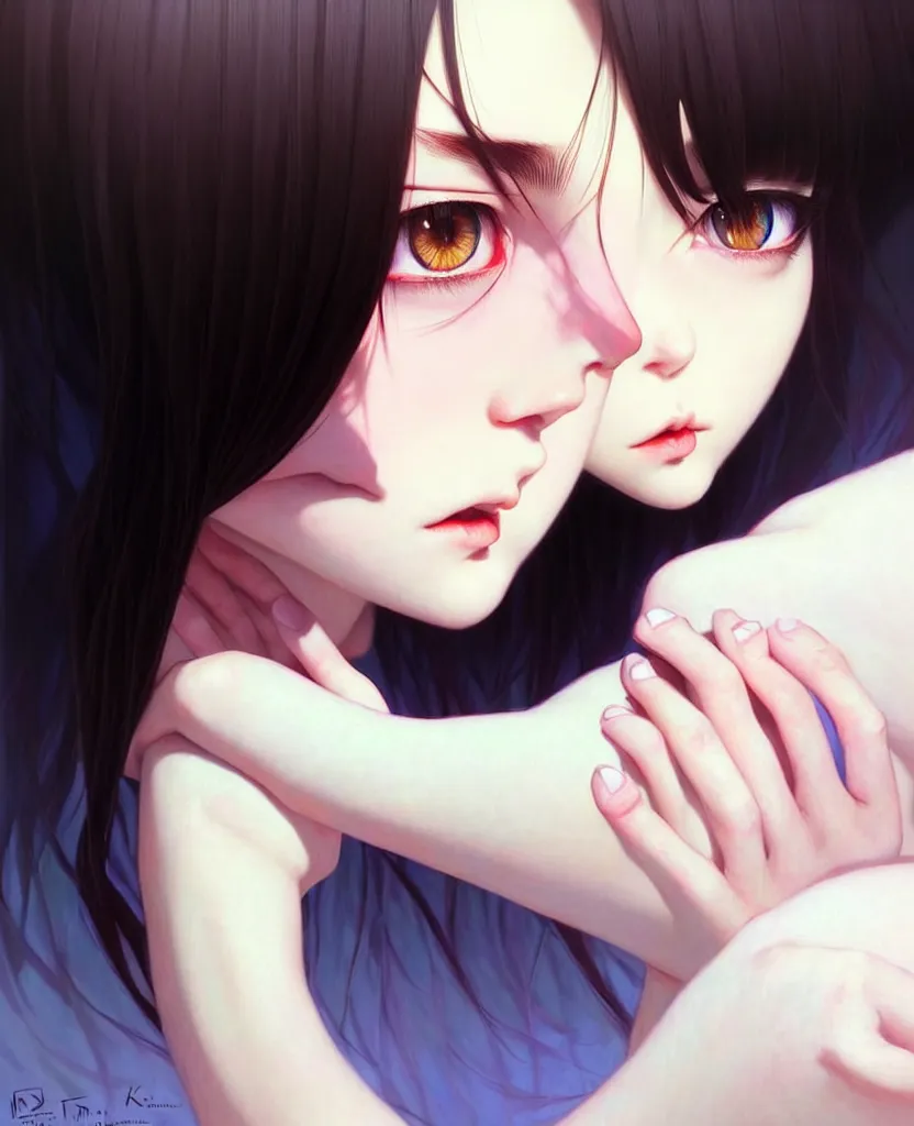 Image similar to a beautiful youth teenage depressed ocd psychotic popular girl in school struggling with morbid thoughts realized, angry eyes, soft skin, magnificent art by ilya kuvshinov, claude monet, range murata, artgerm, norman rockwell, highly detailed intricately sharp focus, bedroom eyes trending on pinterest, tiktok 4 k uhd image