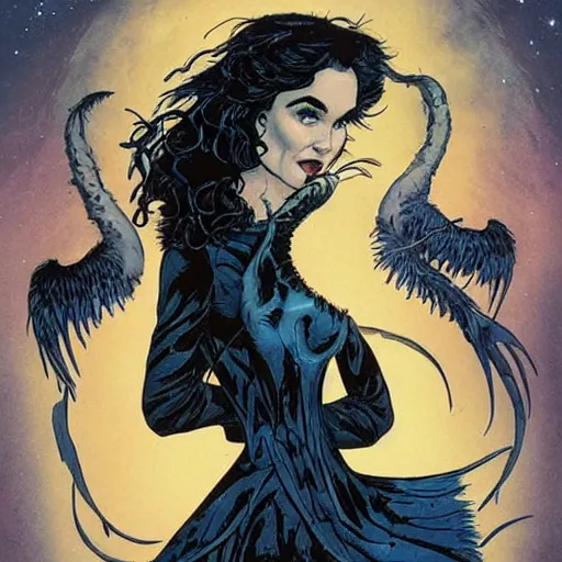 Image similar to jennifer connelly as gothic dark fae disney villain with black feathers instead of hair, feathers growing out of skin, space station, zero gravity, pulp sci fi, mike mignola, comic book cover, vivid, beautiful, illustration, highly detailed