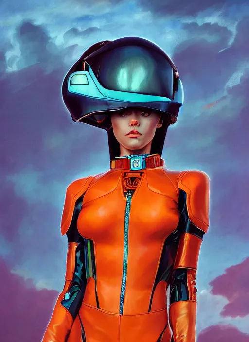 Prompt: symmetry!! dynamic pose, closeup portrait of a cyborg racer girl, leather jumpsuit, shoulder pads, cinematic light, backlight, teal orange, by gerald brom, clouds by mikhail vrubel, by peter elson, muted colors, extreme detail, trending on artstation, 8 k