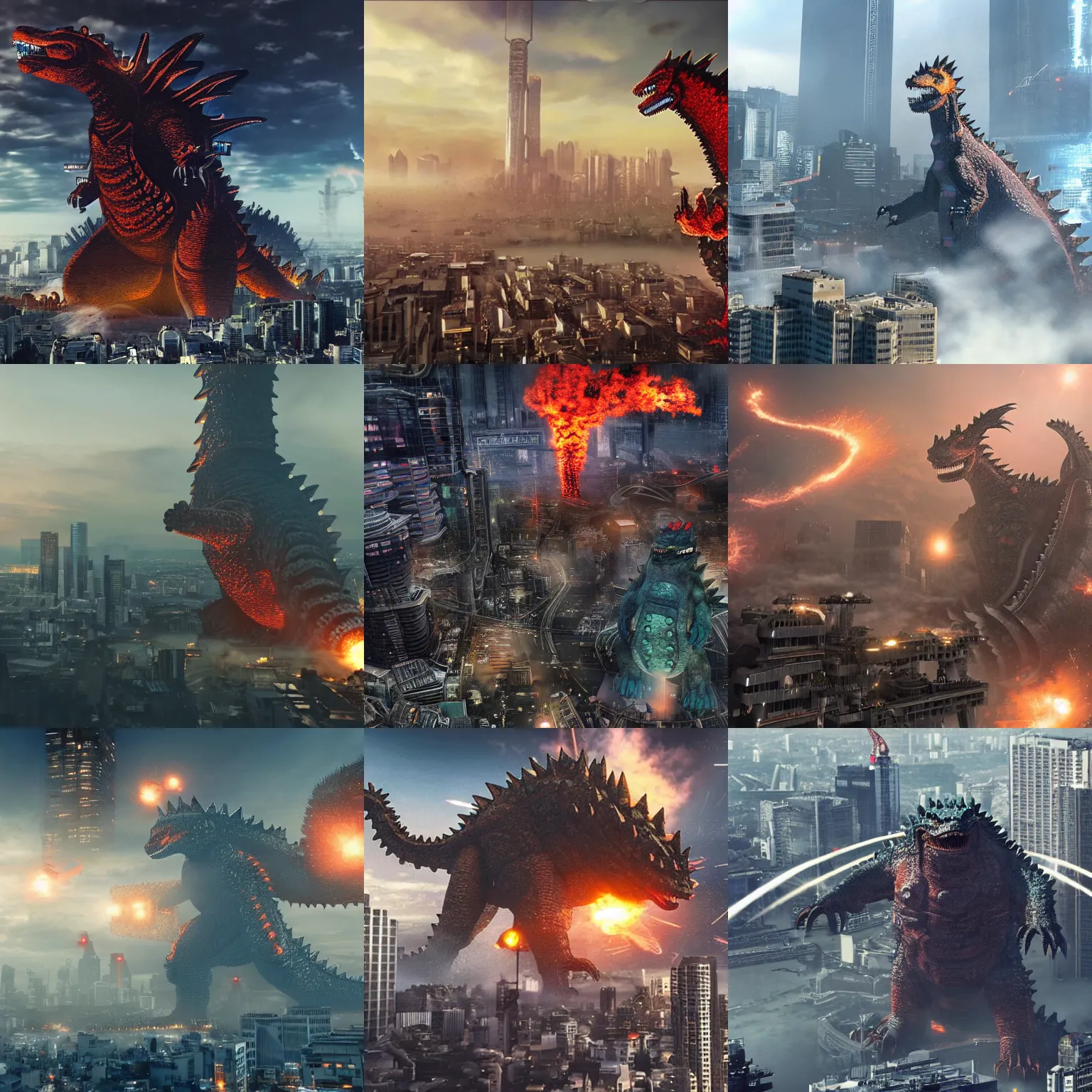 Prompt: gigantic mechanical steampunk godzilla destroying a futuristic tokyo, an enourmous amount steam emits from it's body, photorealistic shot from a helicopter with an 8 k camera