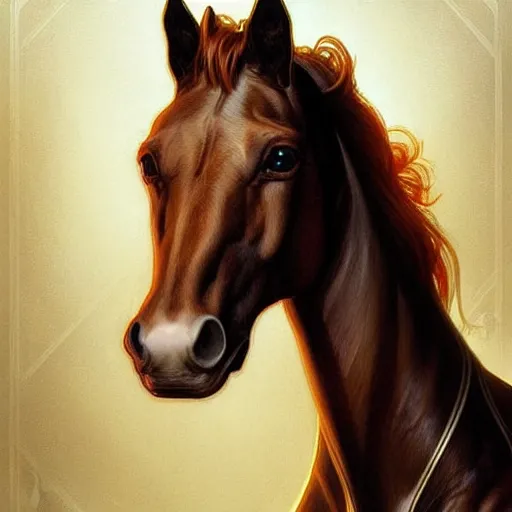 Prompt: portrait of a horse with hot dogs for legs, handsome, D&D, fantasy, intricate, elegant, highly detailed, digital painting, artstation, concept art, matte, sharp focus, illustration, art by Artgerm and Greg Rutkowski and Alphonse Mucha