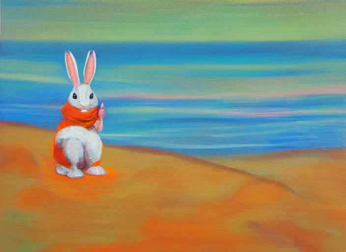 Image similar to rabbit, beach, serene, happy, artwork, acrylic paint, dichromatism, post processing